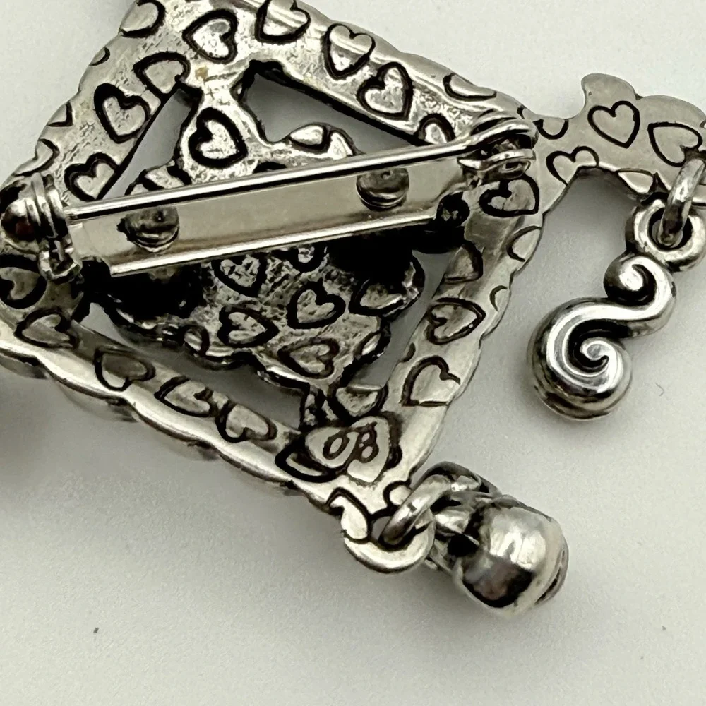 Brighton Silver Tone Brooch Diamond Shape Fleur de Lis Flower Dangle Charm Pin